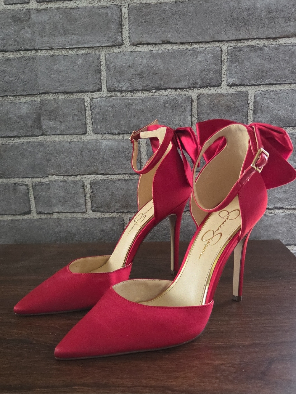 Jessica Simpson Red Satin Pointed-Toe Ankle-Strap Heels